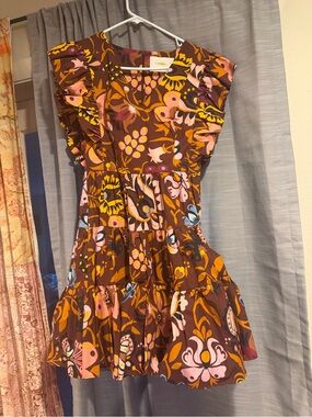 LA DoubleJ Brown Floral Tiered Mini Dress with Pink & Yellow Accents